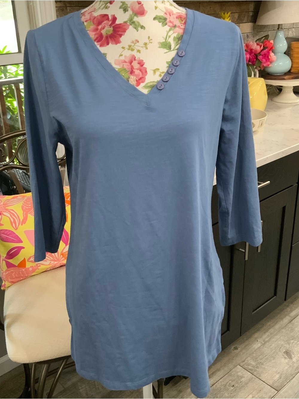 Soft Surroundings Tunic Top Blue Cotton 3/4 Sleeve Petite XL Stretch New